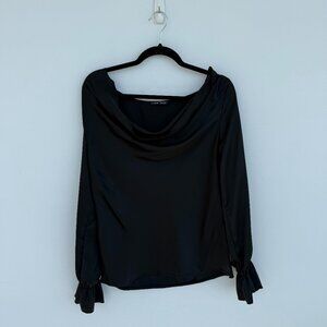 Black satin cowl neck long sleeve blouse.